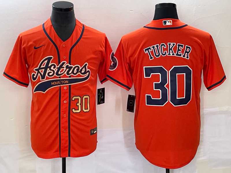 Men%27s Houston Astros #30 Kyle Tucker Number Orange With Patch Cool Base Stitched Baseball Jersey